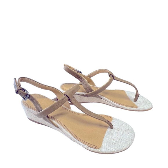 SPLENDID T Strap Beige Linen and Taupe Leather  Wedge Sandals NEW IN BOX SZ 9 - Picture 5 of 11